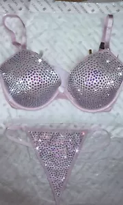 VICTORIA'S SECRET VERY SEXY 34C EMBELLISHED LOW-CUT DEMI BRA PANTY SET M BLING - Picture 1 of 6