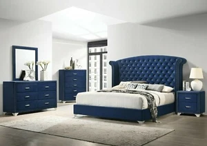 Coaster Melody 5pc Upholstered Bedroom Set Blue Melody 223371Q-S5 223371KE-S5 - Picture 1 of 9