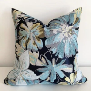 Premium Decorative Pillow Case Blue/Black/Pale Gold Floral Cushion Cover - Picture 1 of 6