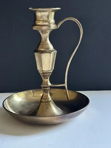 Vintage Mid century Brass Candlestick Holder Handled 6” Drip Tray Patina India - Picture 1 of 18