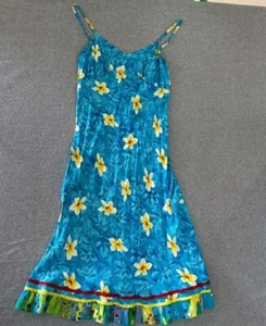 Jams World Hawaiian Sun Dress Size L Blue Floral Ruffle Hem - Picture 1 of 8