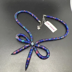 New Betsey Johnson Mesh Ribbon Bow Tie Necklace Jewelry Crystal Gem Stone Filled - Picture 1 of 8