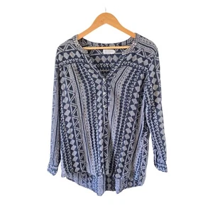 Velvet by Graham Spencer Cheesecloth Blouse Women Size 14 Navy White Long Sleeve - Picture 1 of 14