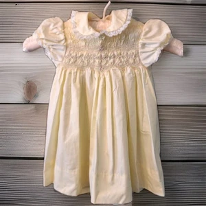 Vintage Baby Dress Yellow Smocked Puff Sleeve with Lace Collar - Picture 1 of 21