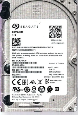 ST4000LM024 P/N: 2U817V-566 F/W: 0001 S/N: WCK7 TK 4TB JAN 2021 THAILAND SEAGATE - Image 1 of 2