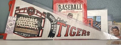 Vintage 1968 Detroit Tigers Pennant Team Picture and Series Game 5 Ticket stub.  - Image 1 of 2