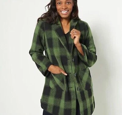 Joan Rivers Button Front Plaid Coat Shawl Collar & Pockets Size XS Green Black  - Image 1 of 4