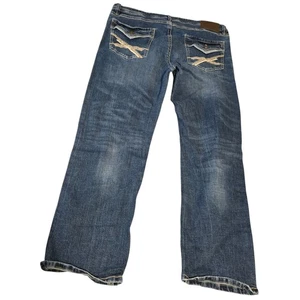 Pantalones de mezclilla TK Axel para hombre 38x32 azul ajustados corte bota real 40x30 usados en excelente estado - Imagen 1 de 15