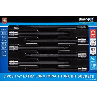 BlueSpot 7pc Extra Long Impact Torx Bit Sockets 1/4" Drive T10 - T40 Set - Image 1 of 3