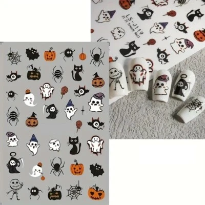 GHOST Nail Art Sticker Halloween Kürbisse Spinnennetz Fledermäuse Geister Totenkopf Skelton LS119