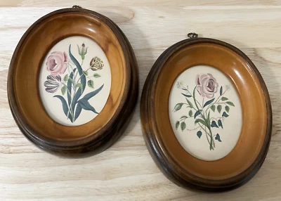 ANTIQUE Victorian Paper Theorem Florals Set of 2 Oval Wood Frame w/ Glass OOAK - Image 1 of 4