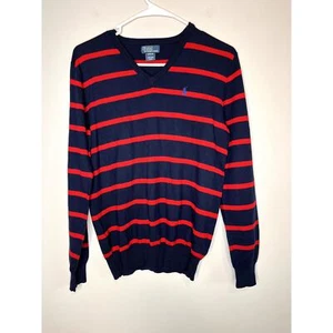 Polo Ralph Lauren Blue Red Stripe Wool Elbow Patches Twee V Neck Sweater Boys XL - Picture 1 of 6