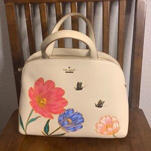 Kate Spade Beige Leather Tan Color Flower Embroidered Handbag