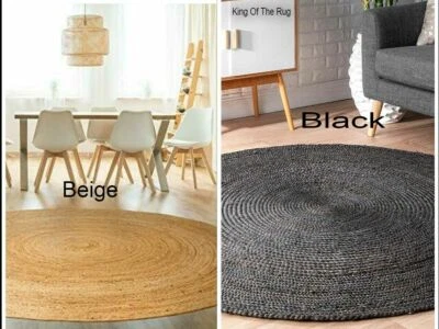 Rug Jute Round Black Beige Handmade Natural Jute Braided Farmhouse Rustic Carpet - Image 1 of 4