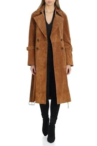 Brown Suede Leather Long Coat Women Pure Goatskin Biker Trench Coat S M L XL-369 - Picture 1 of 10