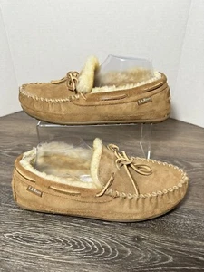 LL Bean Moccasins Mens Light Brown Suede Dyed Lambs Fur Slippers Size 9M - Picture 1 of 20