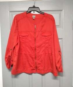 Chico's Women Jacket/Blazer long cinch Sleeve Size 3 tie waist zip front Orange - Picture 1 of 7