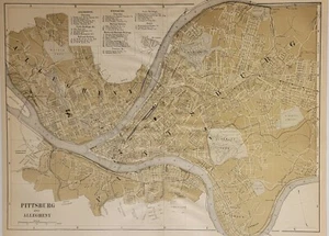 Antique detailed color litho map plan Pittsburg Allegheny PA Johnson's Cyclopaed - Picture 1 of 10