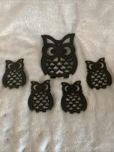 Owl Cast Iron Metal Owl Trivets Coasters Set 5 60’s- 70’s Vintage Kitchen Retro - Picture 1 of 4