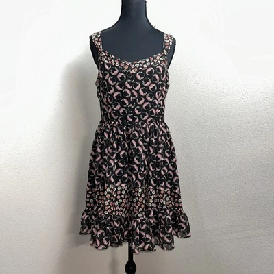LC Lauren Conrad Dress Women's 10 Black Pink Floral Sleeveless Ruffle Hem Artsy - Image 1 of 4