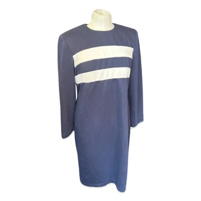 Vintage 80s 90 Blue Dress Women’s Size 8 Striped Long Sleeve #23 - Image 1 of 4