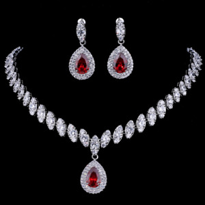 2 PC Zirconia AAA+ Jewelry Set Necklace Earrings Bridal Jewelry Silver Red