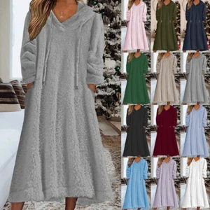 Womens Hooded Long Teddy Bear Fleece Fur Pockets Hoodies Jumpers Dress PLUS SIZE - Picture 1 of 24