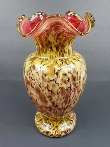 Murano Art Glass Adventurine 9.75" Vase Ruffled Crimped Rim Plum Yellow Gold EUC - Picture 1 of 12