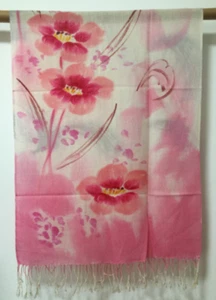 100% wool scarf women neckerchief Shawl wrap floral pink red rosy beige W946 - Picture 1 of 5