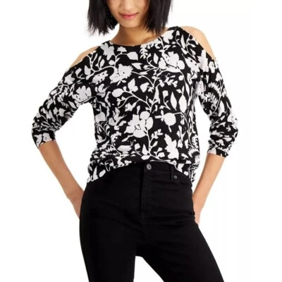 Suéter Floral INC International Concepts Hombro Frío Negro Blanco Talla XXL Foto 1 de 4