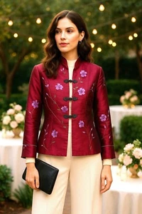 Zi Qing Ge Embroidered Floral Chinese Style Jacket Wine Purple Frog Closures LG - Picture 1 of 11
