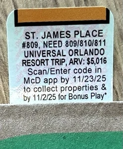 McDonald’s Monopoly St. James Place Universal Studios Orlando 2025 SIN CANJEAR - Imagen 1 de 1