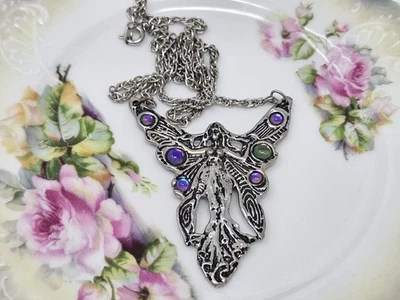 Majestic Fairy Pewter Pendant Necklace Blue Cabochon Jewels Fellowship Foundry - Image 1 of 3