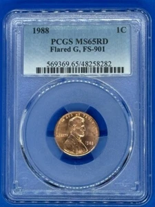 1988 1C PCGS MS65RD Flared G, FS-901 - Picture 1 of 3