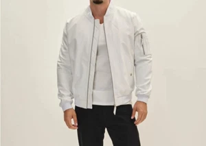Mens Genuine Lambskin Leather white Bomber Biker Jacket Casual Cafe Racer M L XL - Picture 1 of 4