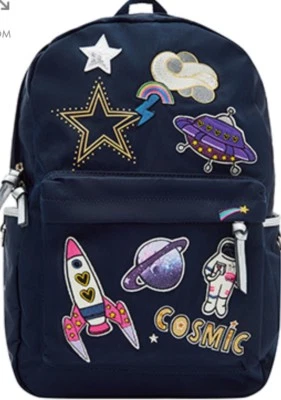 Monsoon Accessoire Cosmic Badge Print großer Rucksack marineblau bunt neu mit Etikett silber