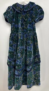 Mousefeathers Vintage Velvet Blue Green Roses Dress Girls Sz 14 - Picture 1 of 8