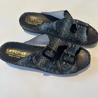 La Plume Jen Blue Snake Skin Double Strap Buckle Slides Sandals Size 40 9.5 10 - Image 1 of 4