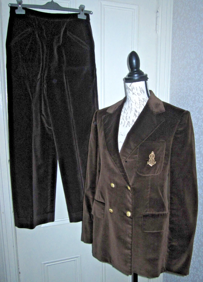 Traje Bill Blass Blassport de terciopelo marrón oscuro de colección, blazer talla 12 y pantalones pantalones pantalones 14 Foto 1 de 4