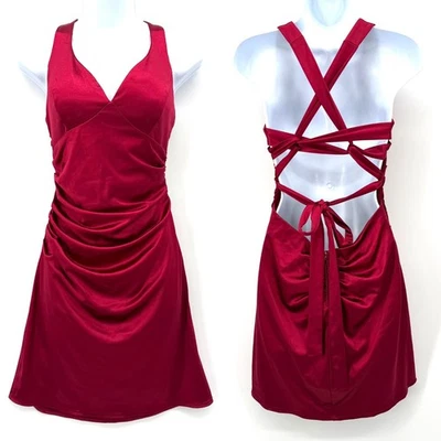 Y2K B Darlin Mini Dress Size L Satin Ruched Strappy Red HOCO Party Sexy Club - Image 1 of 4