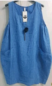 NEW LADIES WOMENS SUMMER ITALIAN LAGENLOOK COTTON STRIPED POCKETS TUNIC DRESS - Picture 1 of 3