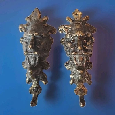 2 Antique Brass Hooks Architectural Reclaimed Gothic Ornate Lion Face 4.5" Rare - Image 1 of 4