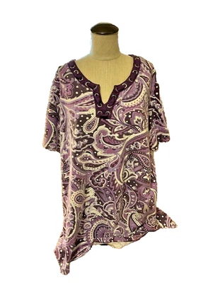 女式套衫束腰上衣紫色和白色蕾丝领 1X 印花! — 第 1/3 张图片