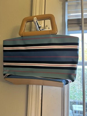 DKNY City Multi-Colored Blue Navy Striped Shopper Beach Handbag Purse Leather - Image 1 of 4