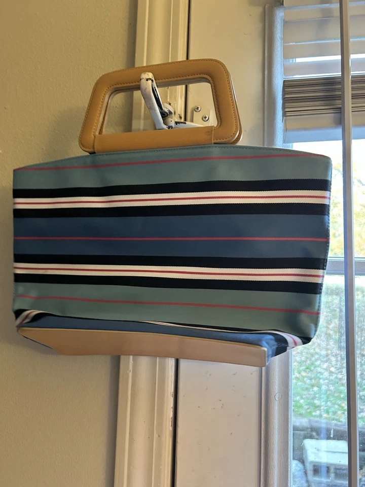 DKNY City Multi-Colored Blue Navy Striped Shopper Beach Handbag Purse Leather - Image 1 of 4
