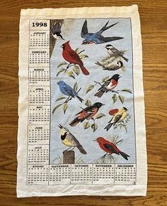 Vtg Linen Tea Towel Wall Hanging 1998 Calendar Birds Robin Cardinal Blue Jay - Picture 1 of 10