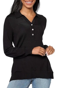 Isaac Mizrahi Live! Collared Sweater w/ Jewel Buttons Pitch Black - Picture 1 of 1