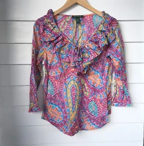 BLUSA TOP LAUREN RALPH LAUREN ROSA PAISLEY CON VOLANTES MANGA LARGA ALGODÓN MUJER XS - Imagen 1 de 12