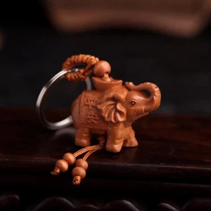 Feng Shui Peach Wood Elephant Key Ring /Key Chain For good fortune - Picture 1 of 2