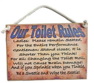 Country Printed Quality Wooden Sign with Hanger OUR TOILET RULES Funny Plaque...